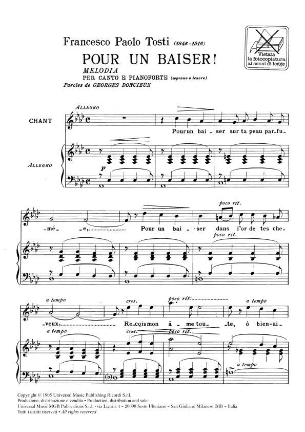 Pour Un Baiser! - Per Voce E Pianoforte (Soprano/Tenore) - pro zpěv a klavír
